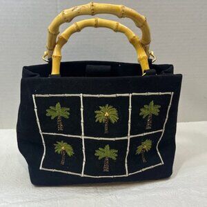 Black Tianni Handbag Embroidered Beaded Palm Trees Bamboo Handles 9"x4"x7.5"